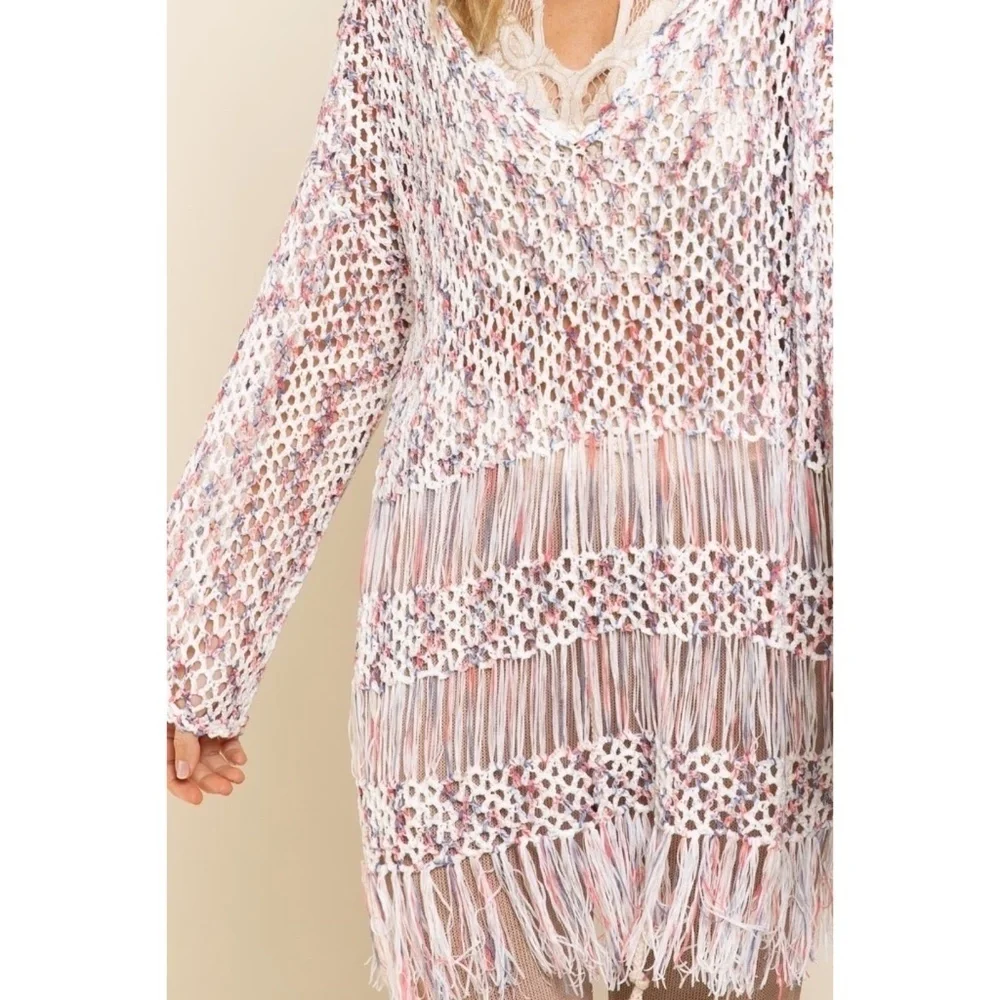 POL Open Knit Lightweight Tunic Sweater with Fringe